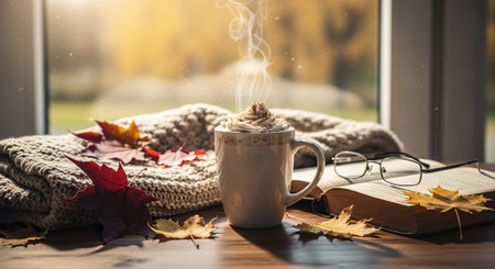 Cup of coffee with warm knitted sweater and autumn leaves on the windowsillの素材