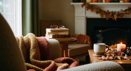 Cozy autumn home interior. Cozy living room with fireplace, coffee cup, knitted plaid, books, candles and autumn leavesの素材