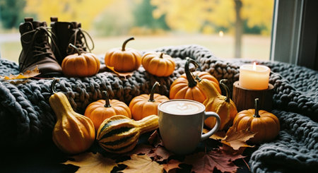 Cup of coffee, pumpkins, knitted plaid and autumn leaves on windowsillの素材