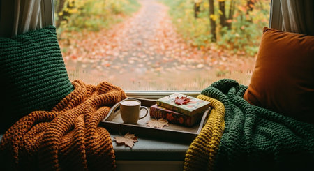 Cozy autumnal home interior. Cup of coffee, gift box, knitted plaid and blanket on windowsill. Fall season.の素材