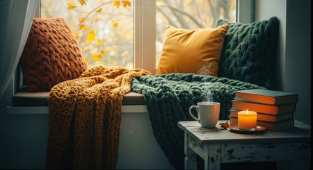 Cozy autumn home interior with a cup of coffee, knitted plaid, books and candles on the windowsillの素材