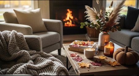 Cozy autumn home interior. Cozy living room with cozy sofa, coffee cup, book, autumn leaves, knitted plaid and candles.の素材
