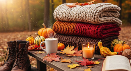 Cozy autumn still life with a cup of coffee, a stack of knitted sweaters, a book, pumpkins and autumn leaves on a wooden bench in the parkの素材