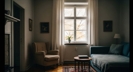 Interior of a living room with a sofa and a window.の素材