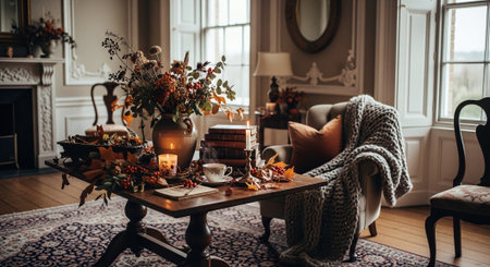 Cozy autumn home interior. Cup of tea with autumn leaves and candles on the table.の素材