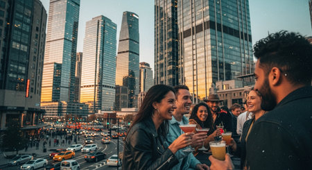 Multiethnic group of friends having a good time in the cityの素材