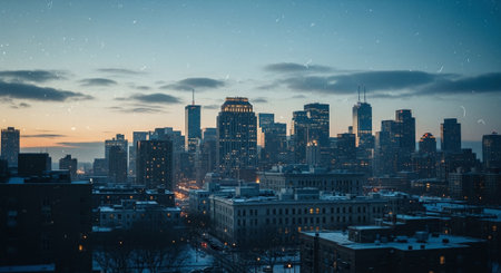 View of the city of Boston, Massachusetts, USA during a snowfall.の素材