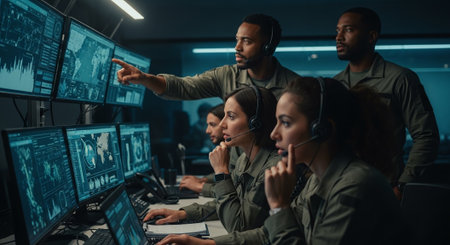 Multiethnic team of call center operators in headsets working on computers at nightの素材