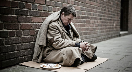 Homeless man sitting on the street and eating a piece of pizzaの素材