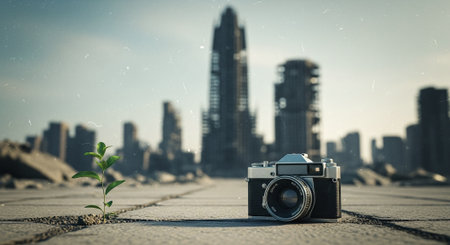 Vintage camera and green plant growing on the ground with city backgroundの素材