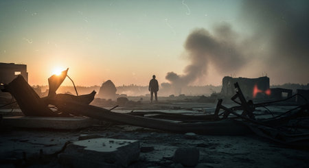 Foggy landscape. Silhouette of a man standing in the middle of a polluted area.の素材