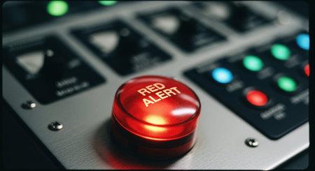 Red button on the control panel of a sound recording studio, close-upの素材