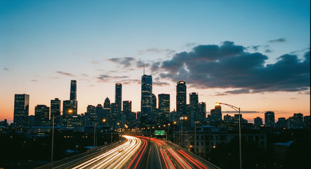 Highway and cityscape of Frankfurt am Main at sunset, Germanyの素材