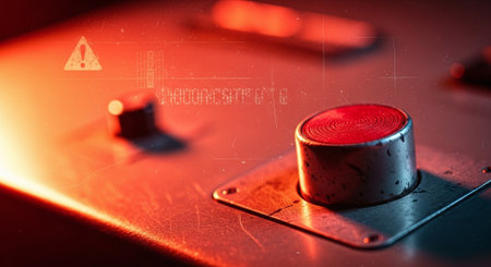 Closeup of a red button on a control panel in a nightclubの素材
