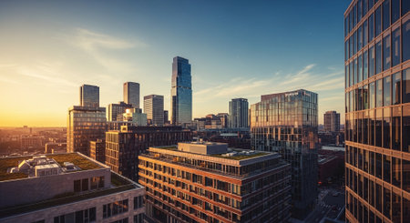 Frankfurt am Main, Germany. Panoramic view of the city skyline at sunset.の素材