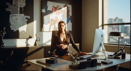 Beautiful business woman sitting at desk in office and working on computer.の素材