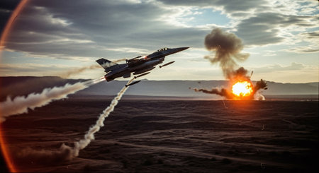 Fighter jet fighter in the sky over the desert. 3d renderingの素材