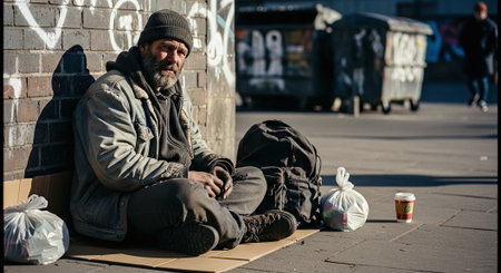 Homeless man sitting on the ground and begging for money in the streetの素材