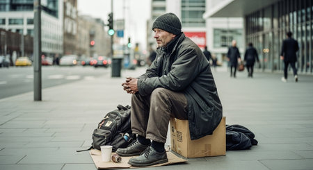 Homeless man sitting on the street with a cardboard box full of foodの素材