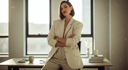 beautiful businesswoman in formal wear standing with crossed arms in officeの素材