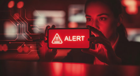 The concept of cyber security and information protection. A young woman is holding a smartphone with a warning sign on the screen.の素材