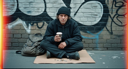Homeless beggar man sitting on the street with a cup of coffeeの素材