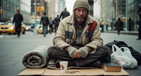 Homeless beggar sitting on the street in New York City. Homeless beggar is begging for money.の素材
