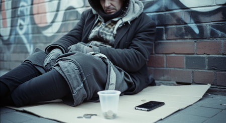 Homeless beggar lying on the ground with a cup of coffeeの素材