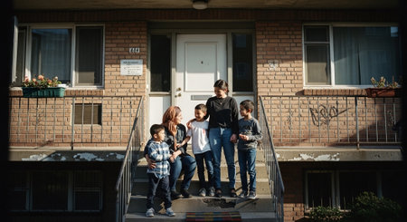 Young family with children standing in front of their new house, looking at the cameraの素材