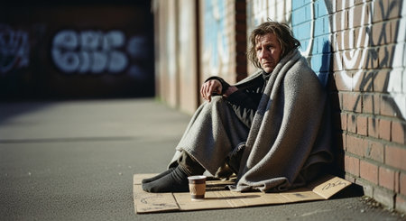 Homeless man sitting on the ground with a cup of coffee.の素材