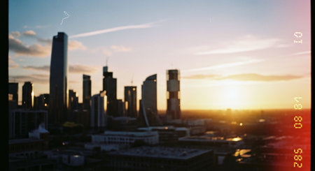 Silhouettes of skyscrapers and buildings in the city at sunsetの素材