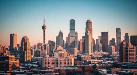 Toronto city skyline with CN Tower at sunset, Ontario, Canada.の素材