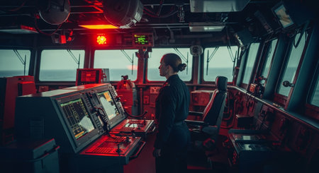 Helicopter pilot looking at the monitor of a passenger ship.の素材