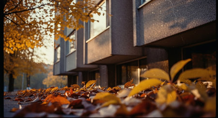 Autumn leaves on the ground with a modern building in the backgroundの素材