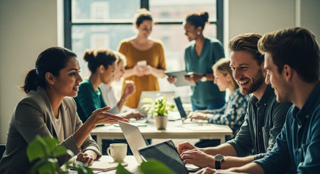 Group of young business people working together in modern office. Selective focus.の素材