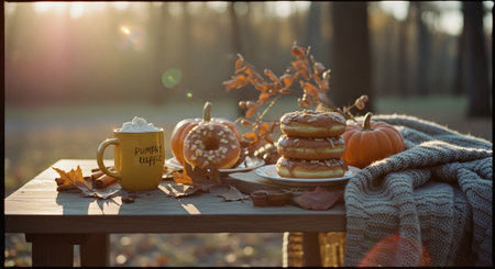 Cup of coffee and donuts on wooden table in autumn parkの素材