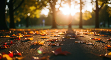 Autumn leaves on the road in the park at sunset. Selective focus.の素材