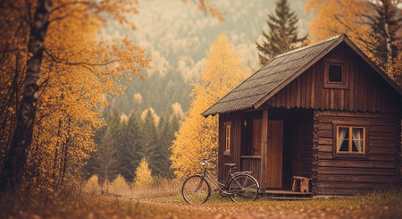 Old wooden house with bicycle in autumn forest. Retro style tonedの素材