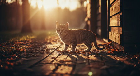 Cute tabby cat walking in the park at sunset. Selective focus.の素材