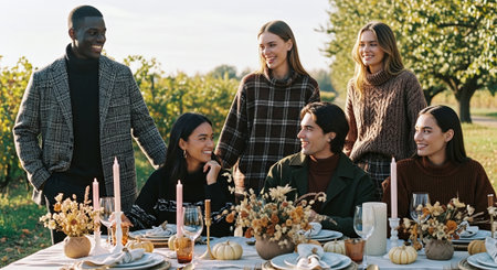 Diverse group of friends sitting at table during Thanksgiving dinner in autumn gardenの素材