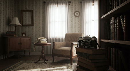 Retro camera on bookshelf in room, 3d renderの素材