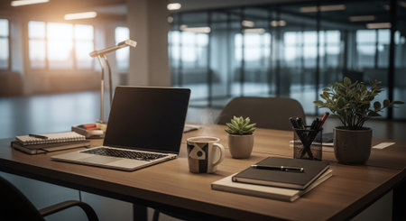 Close up of modern workplace with open laptop on wooden desk in officeの素材