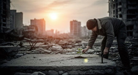 Young man planting a tree in the middle of the city at sunsetの素材