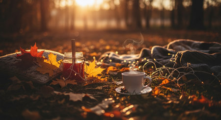 Cup of tea and book in the autumn forest. Autumn conceptの素材