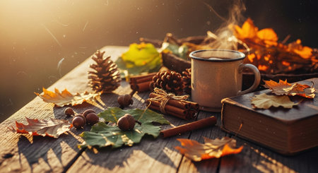 Cup of coffee with book and autumn leaves on wooden table.の素材