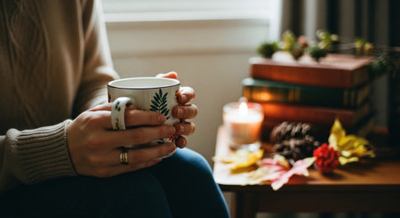 Woman holding a cup of tea or coffee at home in autumn.の素材