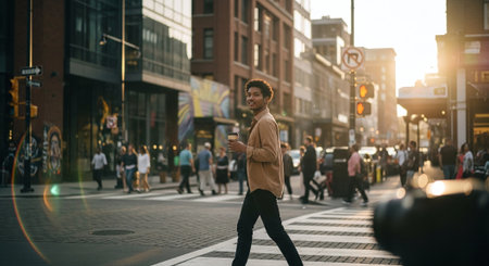 Young man walking on a city street with a cup of coffee.の素材