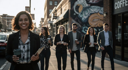 Group of young business people walking in the city. They are talking and drinking coffee.の素材