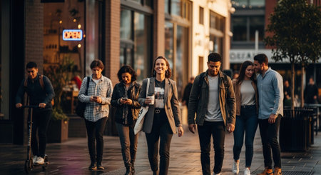 Group of young people walking on the street in the city at the evening.の素材