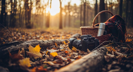 Picnic basket, camera, plaid and bag in autumn forestの素材